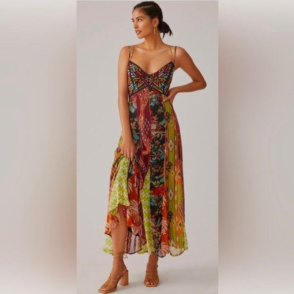 Anthropologie Dresses & Skirts - Anthropologie Multi Print V Neck Embroidered Geometric Maxi Dress